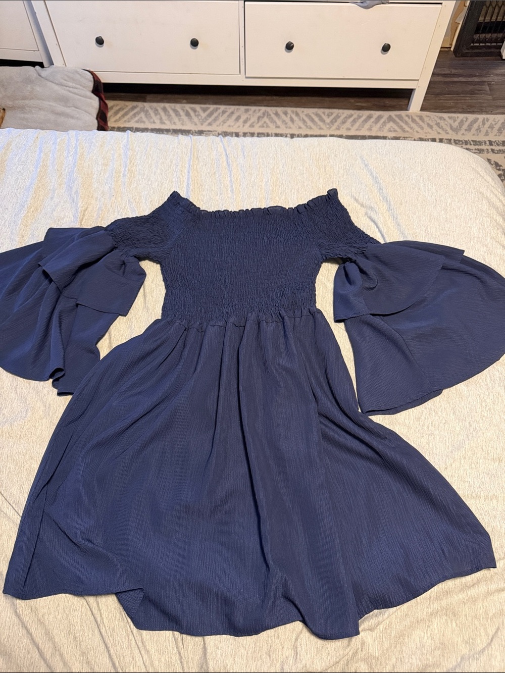 SHEIN Navy Off-Shoulder Smocked Midi Dress with Bell Sleeves